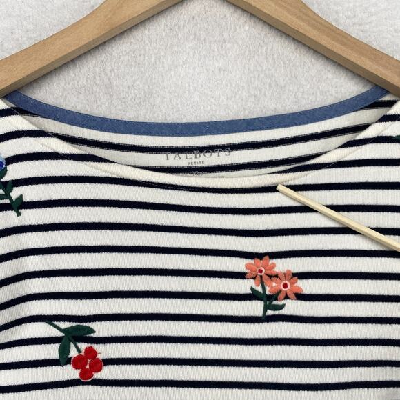 TALBOTS Top XLp Petite Floral Embroidered Striped Long Sleeve Cotton White Black - Picture 14 of 15
